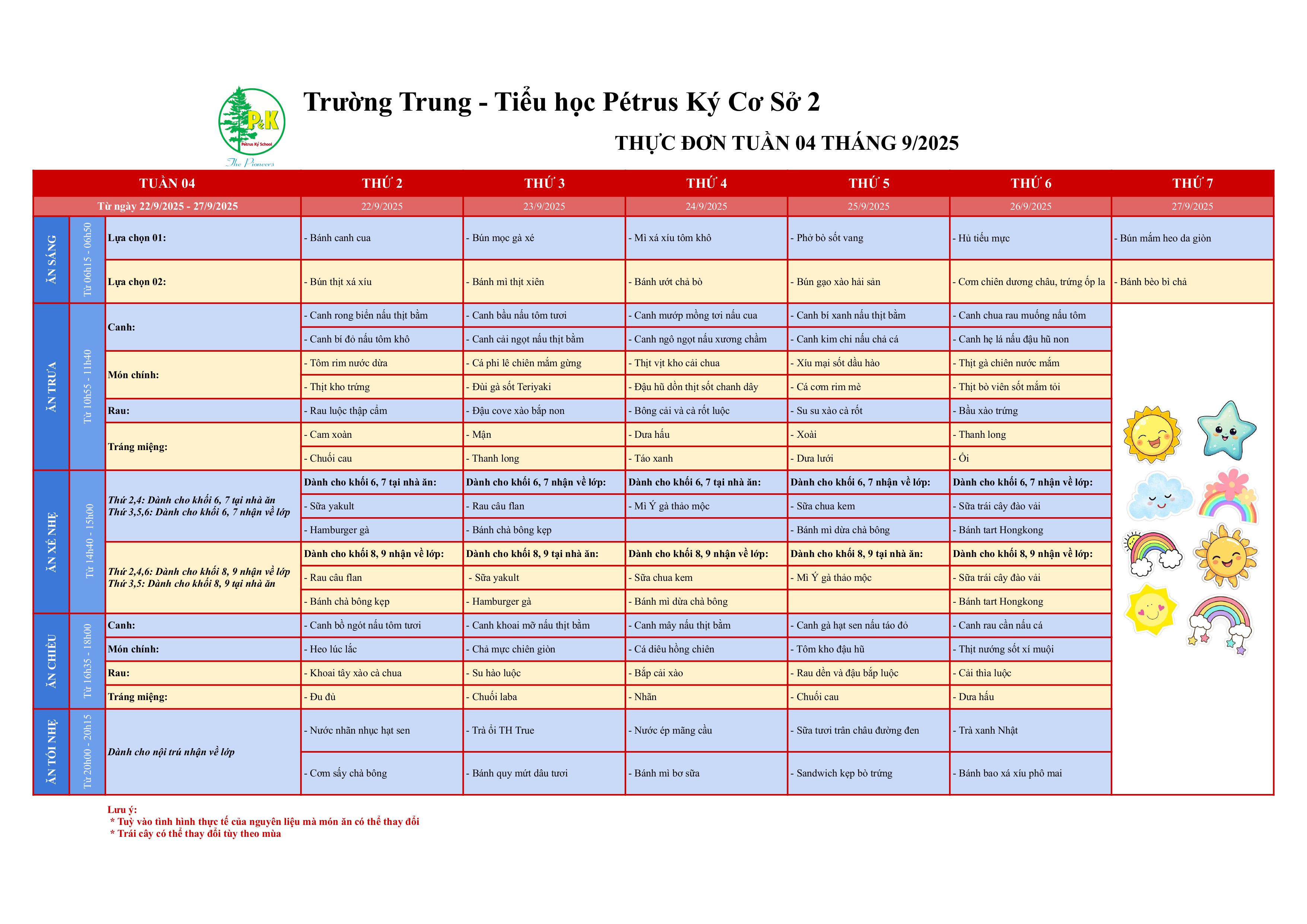 Thực đơn THCS | Từ 22/9 đến 27/9/2025
